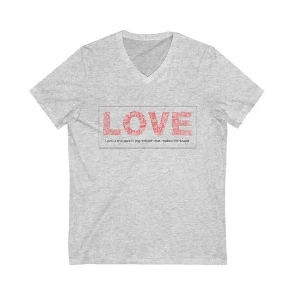 Gray t-shirt with "LOVE" printed design.