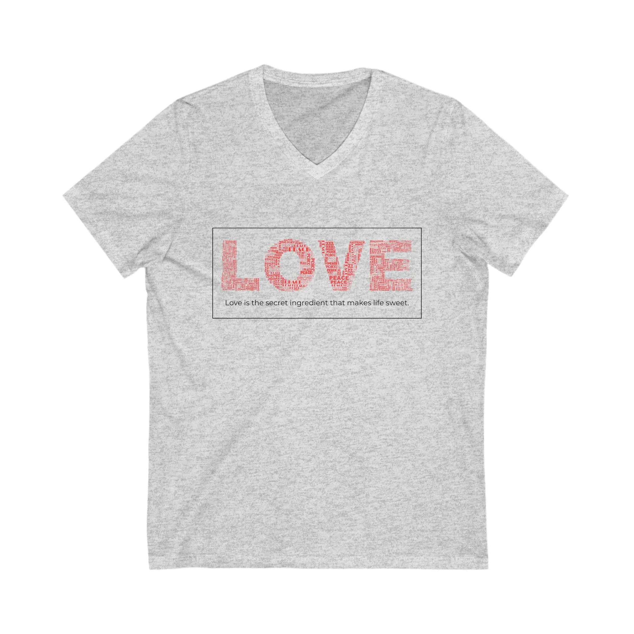 Gray t-shirt with "LOVE" printed design.