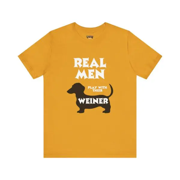 Yellow shirt with dog silhouette and text.