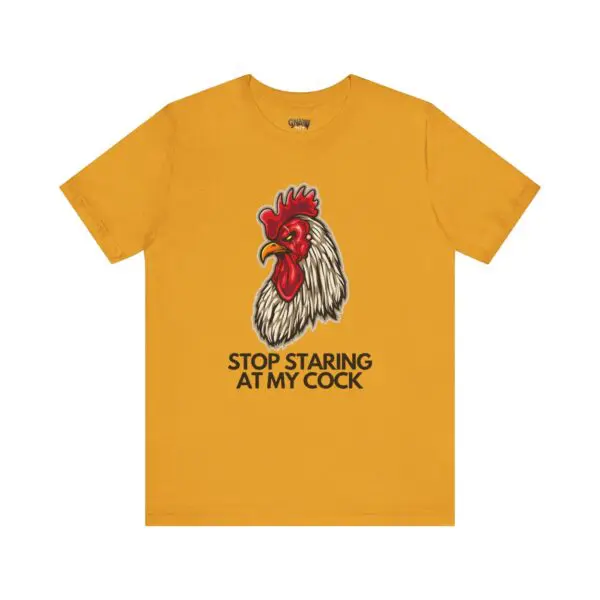 Yellow t-shirt with rooster graphic design.