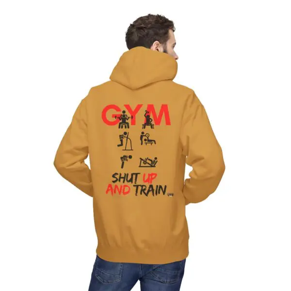 Man wearing motivational gym hoodie, back view.