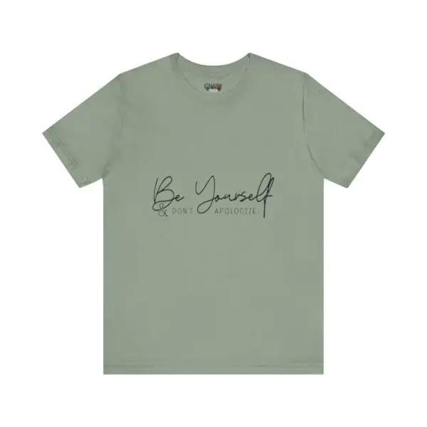 Green T-shirt with "Be Yourself" text.