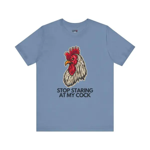 Blue shirt with rooster and humorous text.