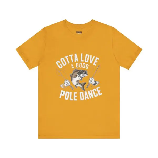 Yellow t-shirt with fish and humorous text.