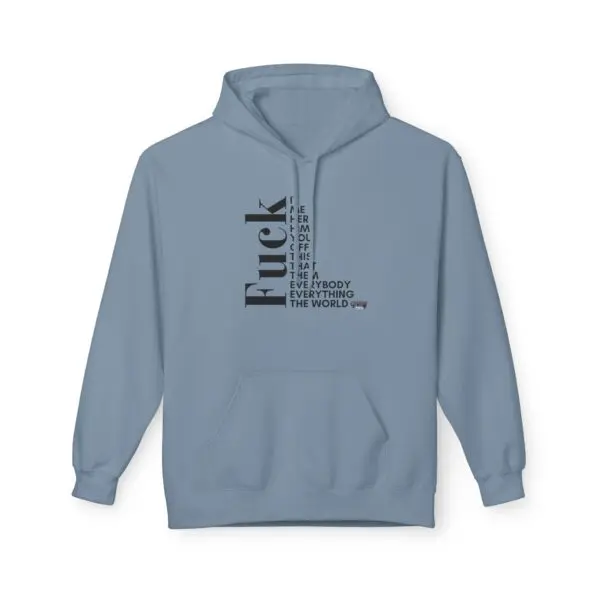 Blue hoodie with bold text design.