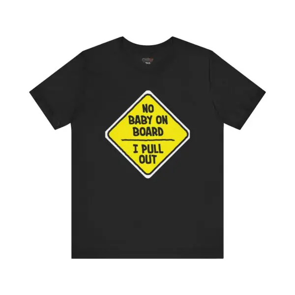 Black T-shirt with humorous road sign design.