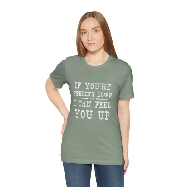 Woman wearing a green motivational T-shirt.
