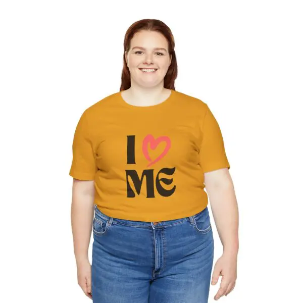 Woman in "I Love Me" t-shirt.