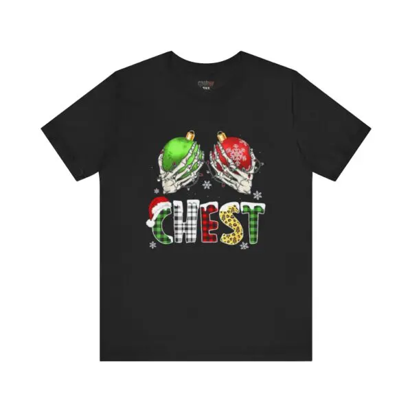 Black T-shirt with festive chest design.