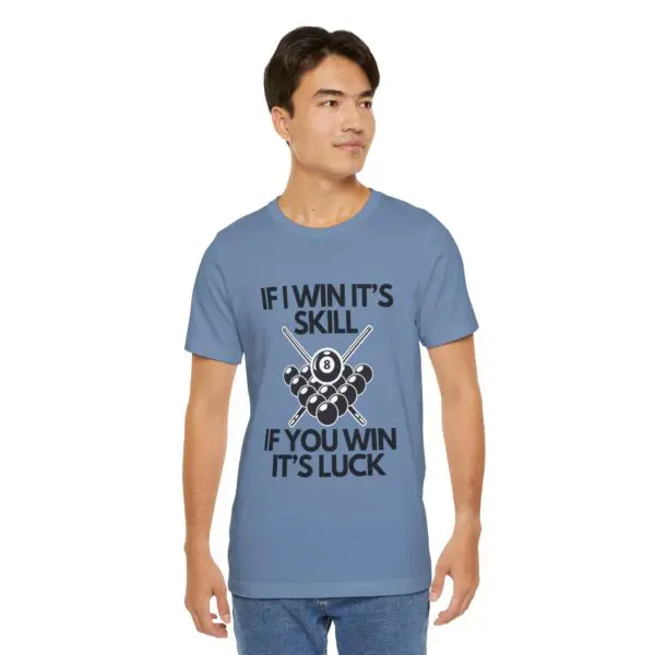 Man wearing a billiards-themed graphic t-shirt.