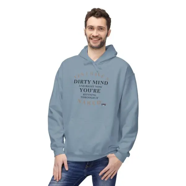 Man wearing blue hoodie with printed text.