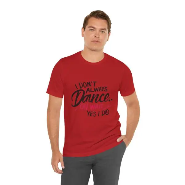 Man in red shirt with dance quote.