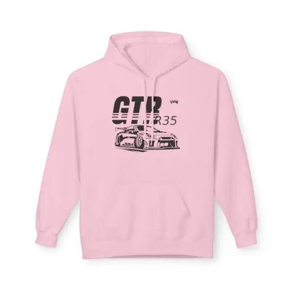 Pink hoodie with car graphic design.