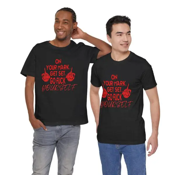 Two men wearing matching graphic T-shirts.