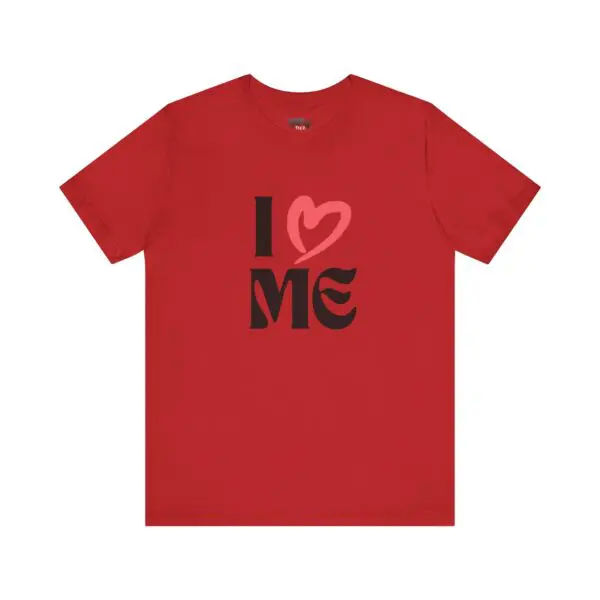 Red shirt with "I Love Me" design.
