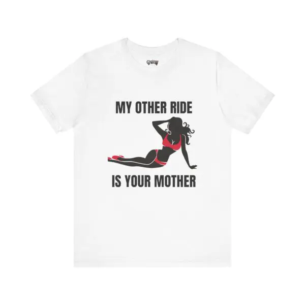 White t-shirt with humorous graphic design.