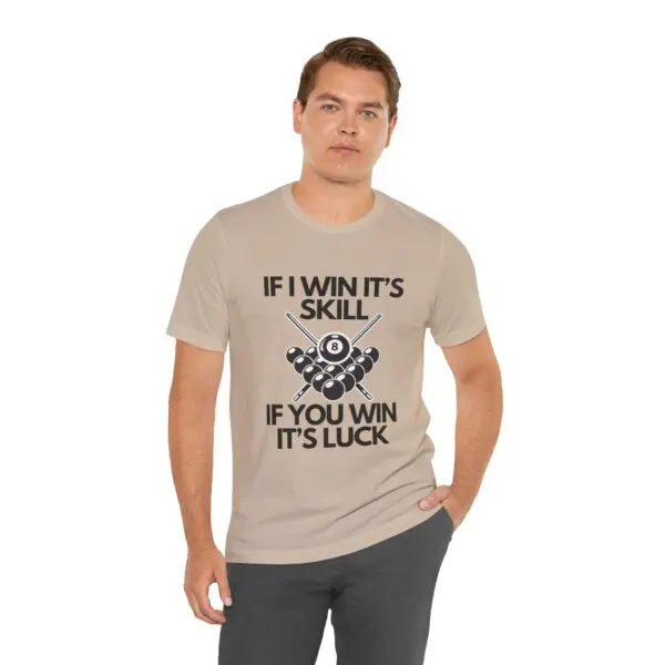 Man wearing shirt with pool-themed text.