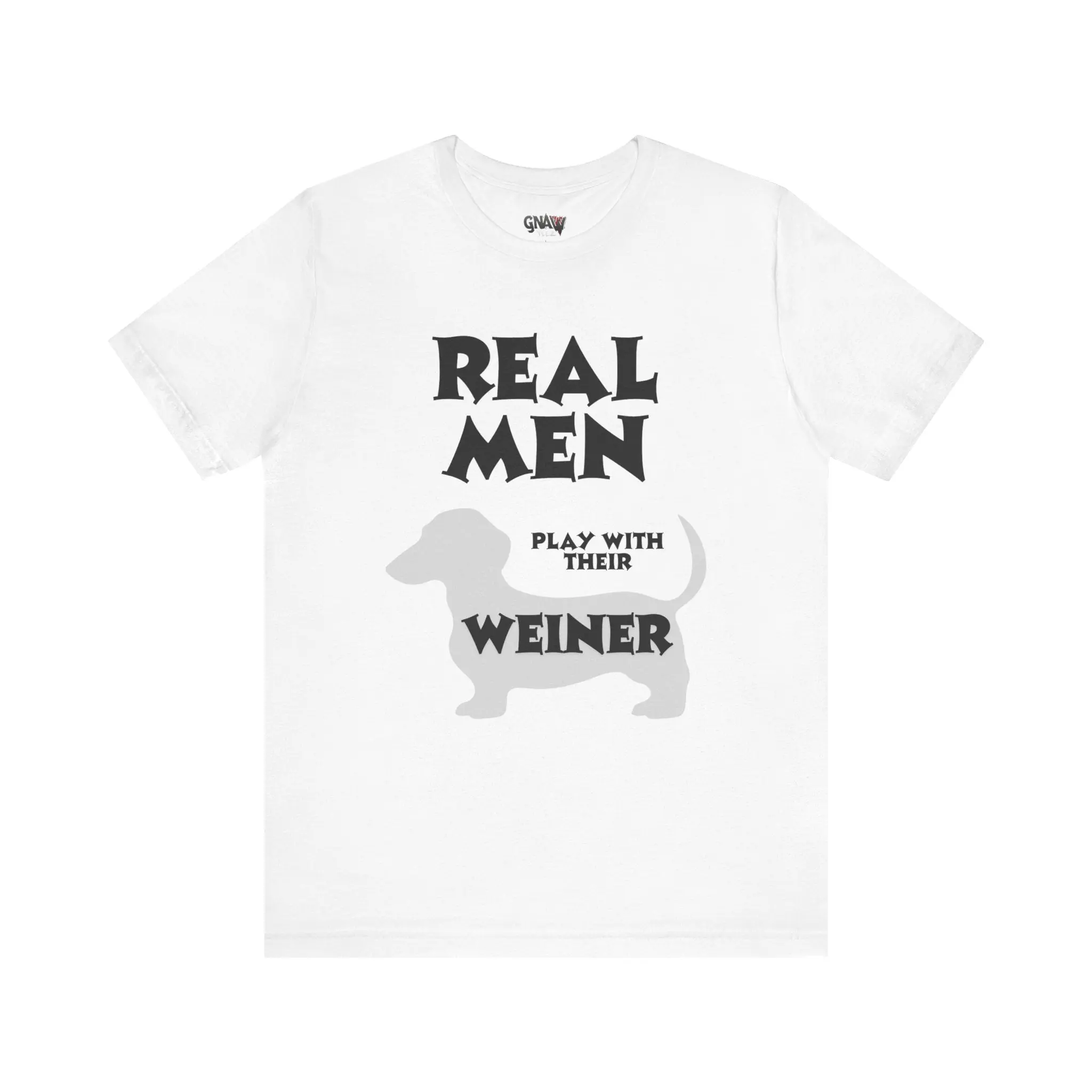White t-shirt with humorous dog print.
