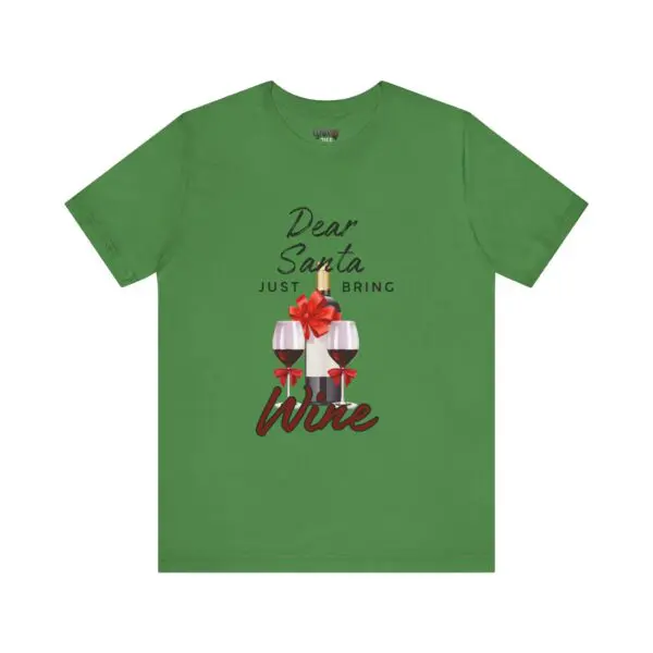 Green shirt with wine-themed Santa text.