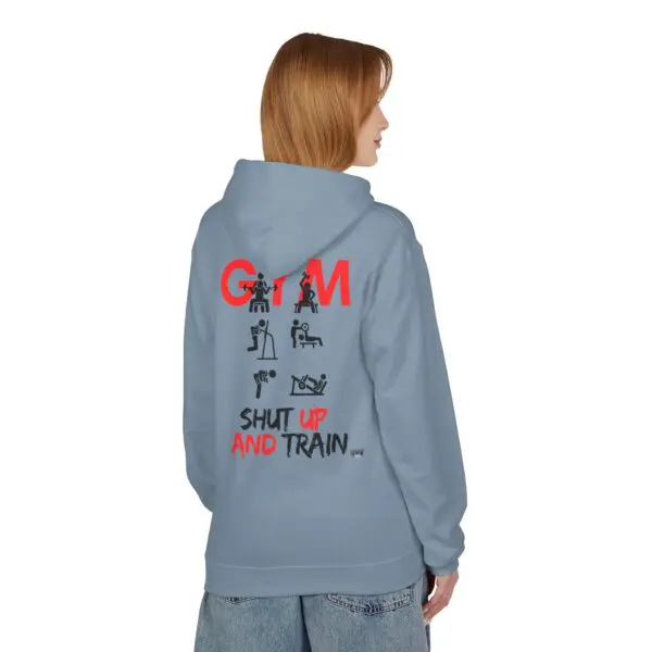 Person wearing blue hoodie with gym design.