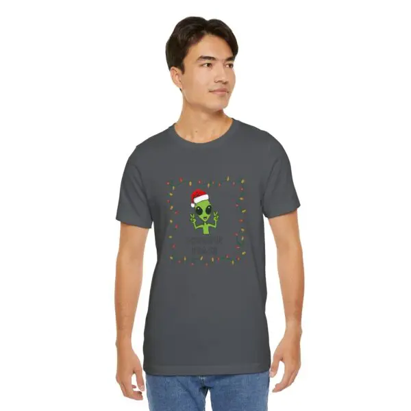 Man wearing a Christmas-themed t-shirt.