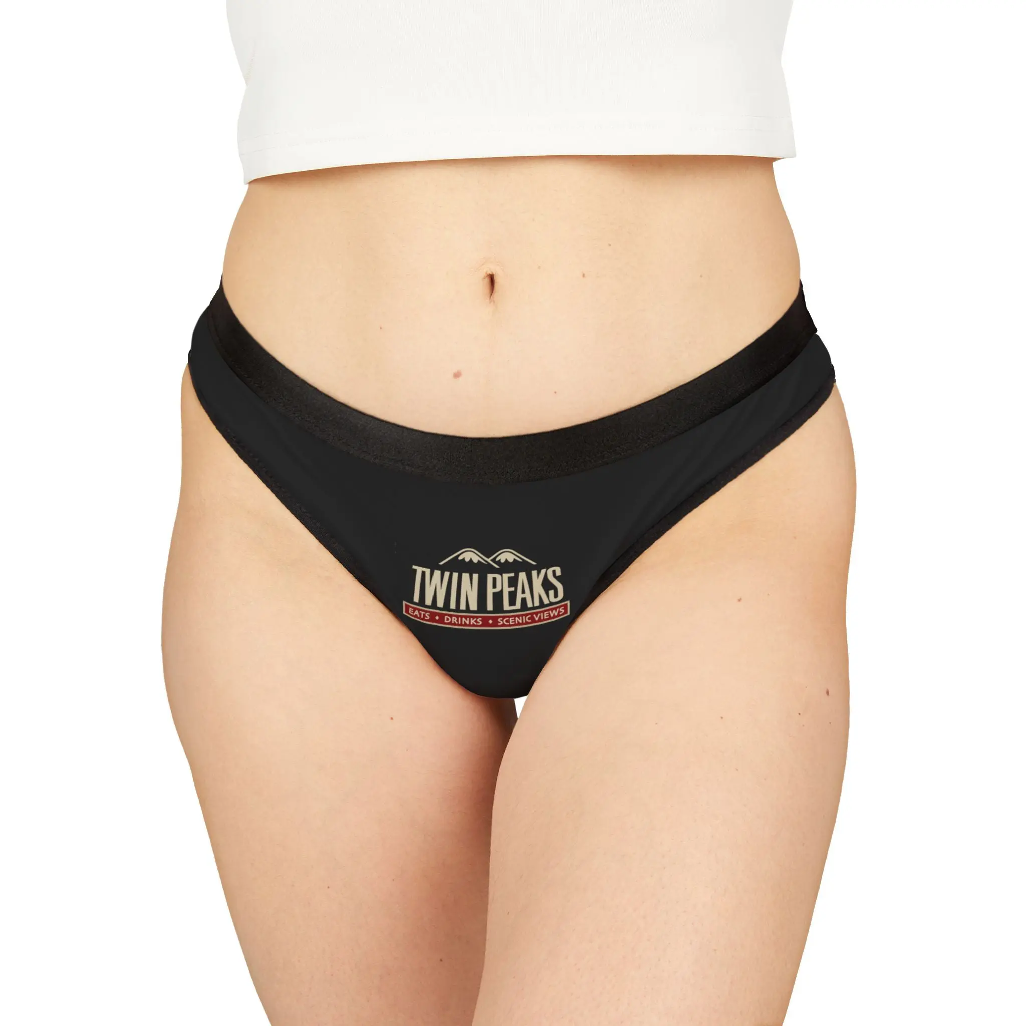Black bikini with Twin Peaks logo design.