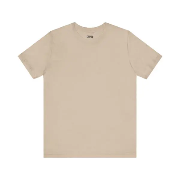 Beige short-sleeve unisex t-shirt on display.