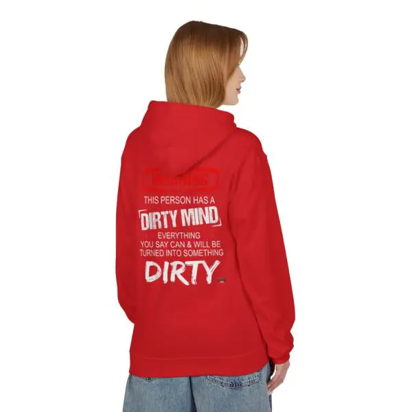 Person wearing a red hoodie with text.