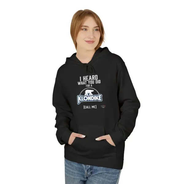 Person wearing black hoodie with Klondike design.