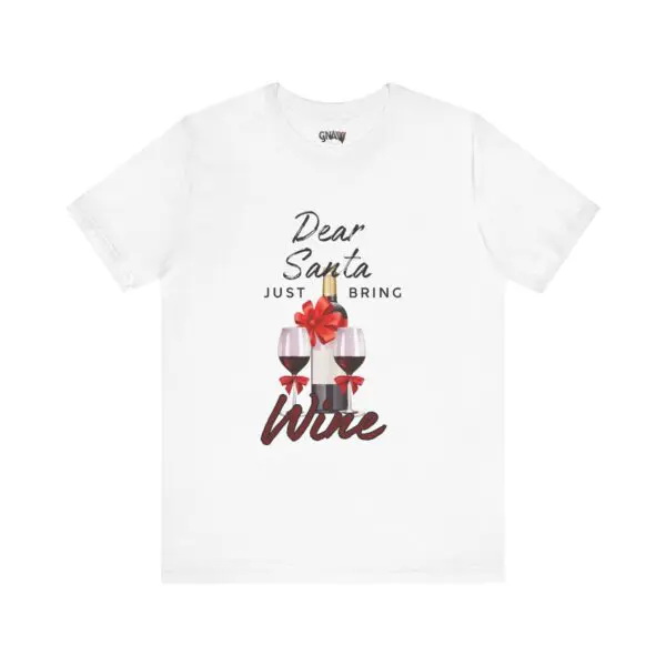White t-shirt with wine-themed Christmas design.
