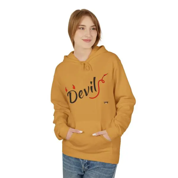 Person wearing mustard hoodie with "Devils" logo.
