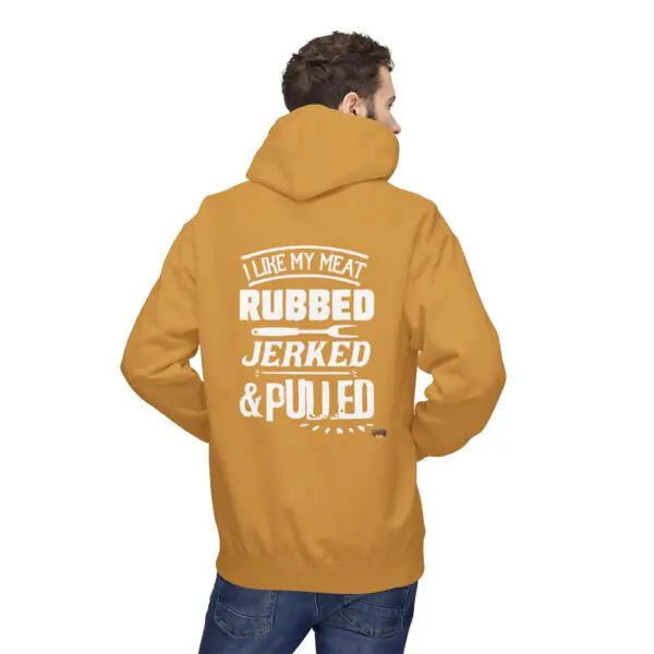 Man wearing hoodie with humorous BBQ text.