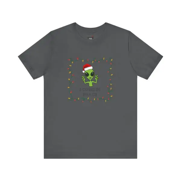 Gray t-shirt with festive alien design.