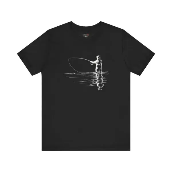 Black t-shirt with fisherman line art.