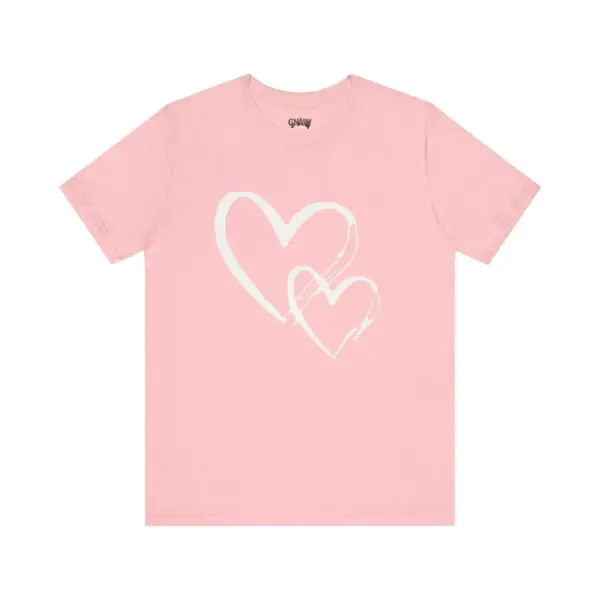 Pink t-shirt with two white hearts.