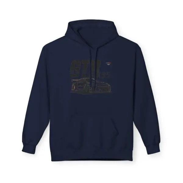 Navy hoodie with car graphic design.