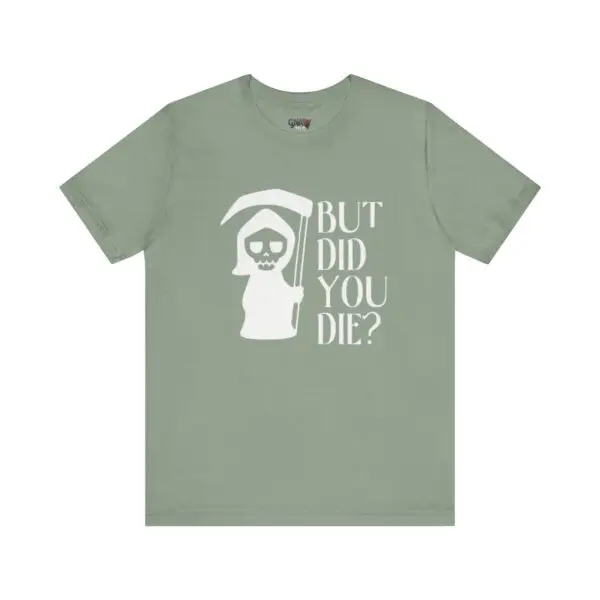 Green t-shirt with skeleton and text design.