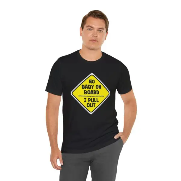 Man wearing humorous graphic t-shirt.