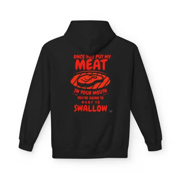 Black hoodie with red humorous text design.