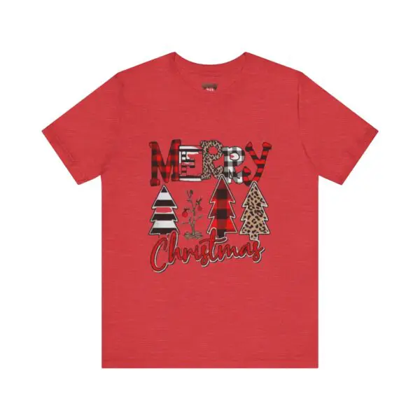 Red T-shirt with Christmas tree design.