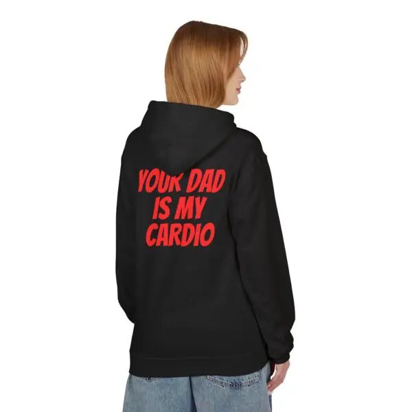 Person wearing hoodie with humorous text.