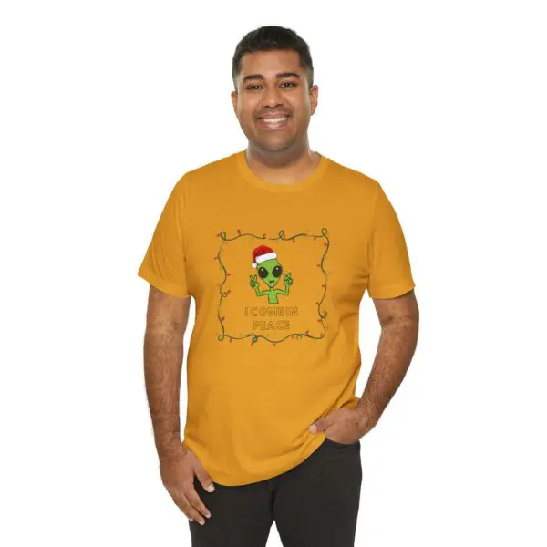 Man wearing a yellow festive t-shirt.