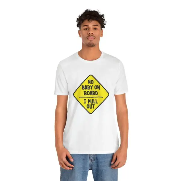 Man wearing humorous sign t-shirt.