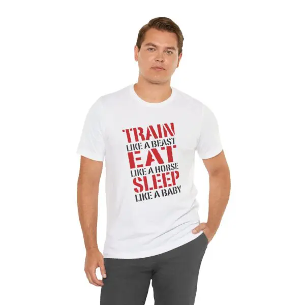 Man wearing motivational fitness t-shirt.