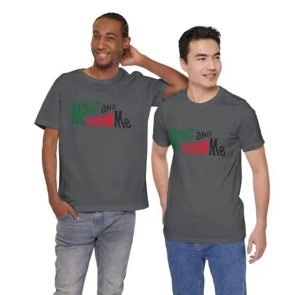 Two men wearing matching graphic t-shirts.