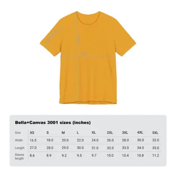 Yellow T-shirt with size chart.