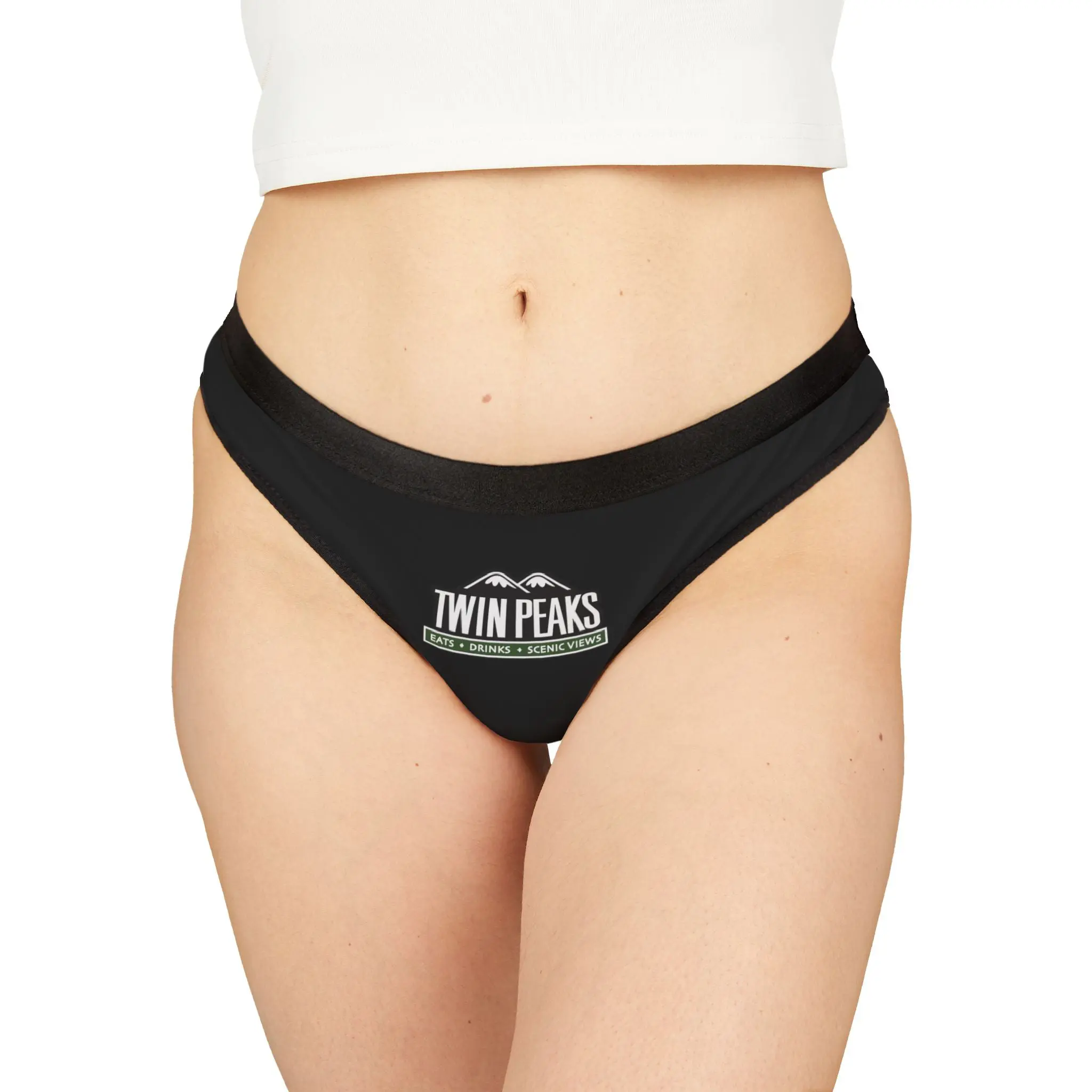 Black bikini bottom with Twin Peaks logo.