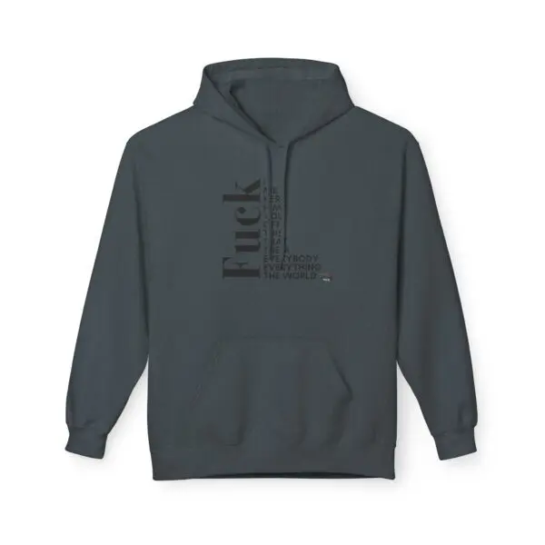 Dark hoodie with black vertical text design.