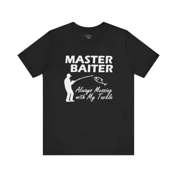 Black shirt with humorous fishing graphic.