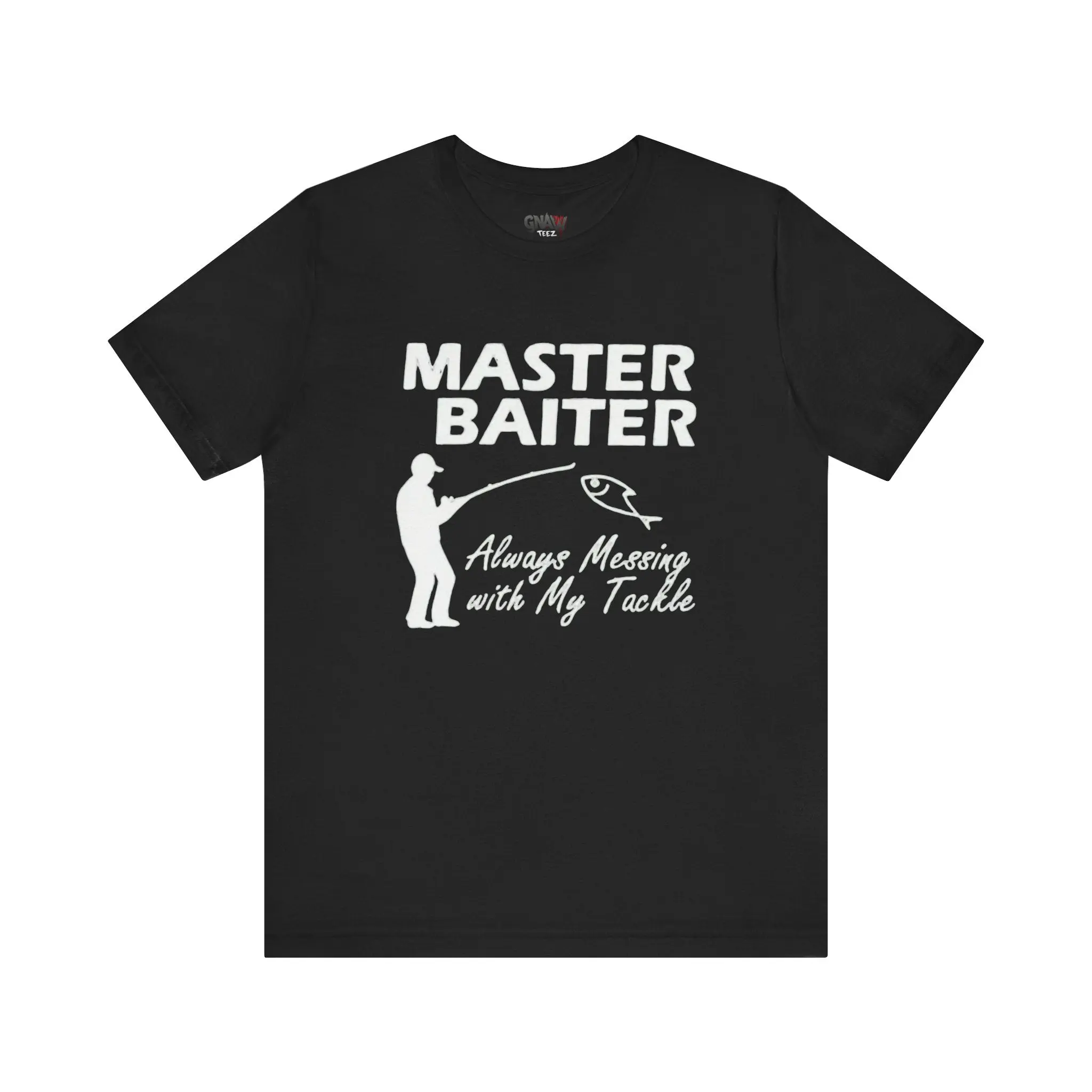 Black shirt with humorous fishing graphic.